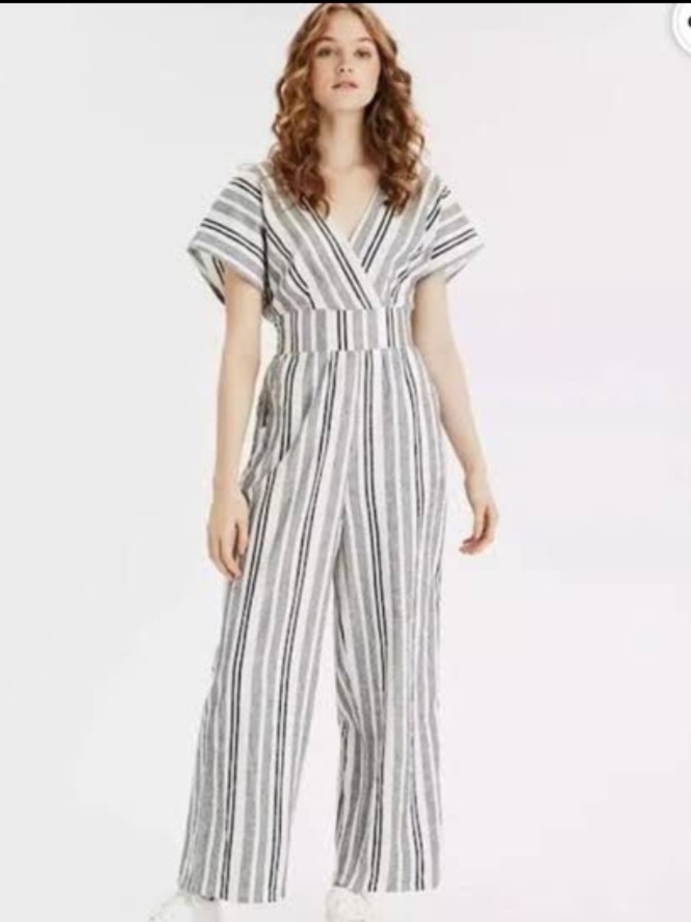 American Eagle Outfitters Striped V-Neck Wide-Leg Jumpsuit - White & Gray